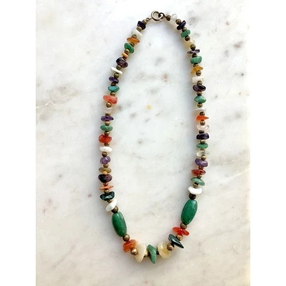 Vintage Beggars Bead Necklace Polished Multicolor Natural Stones  - 18 Inch - Picture 3 of 8